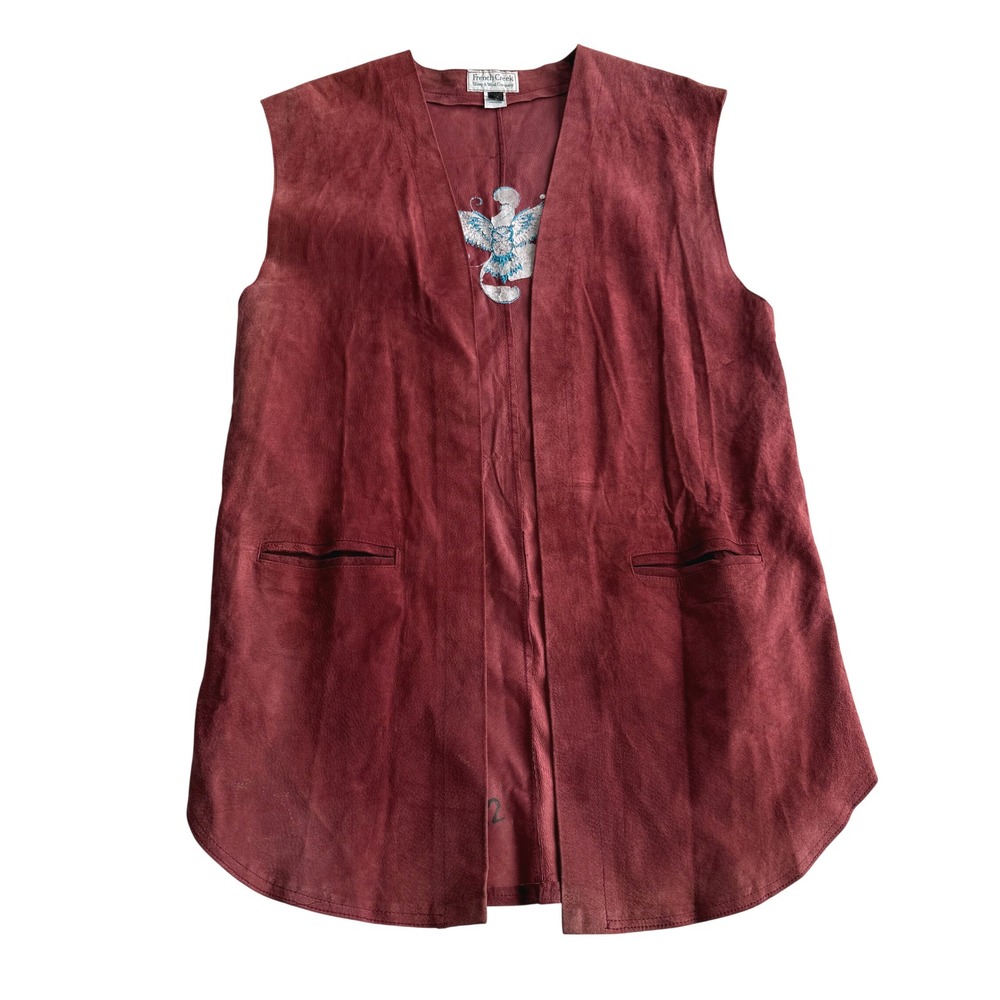 French Creek VTG Suede Leather Long Open Vest Owl Embroidery Wine Red S